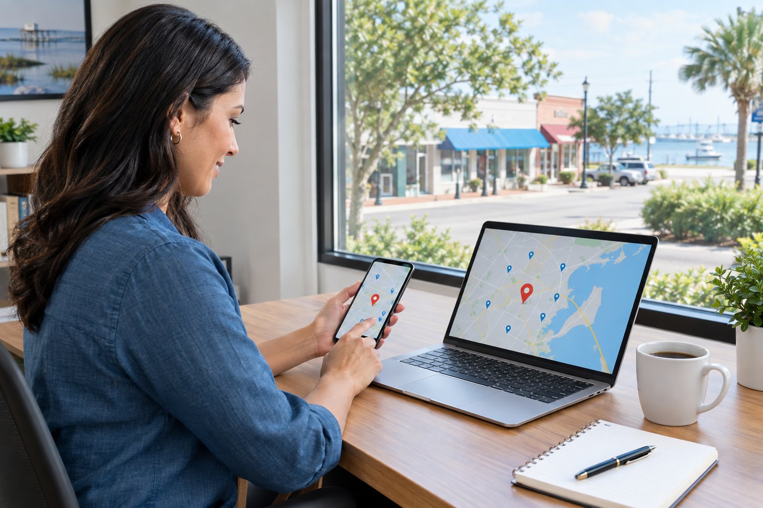 A business owner reviews a smartphone and laptop at a desk near a window overlooking a town street.